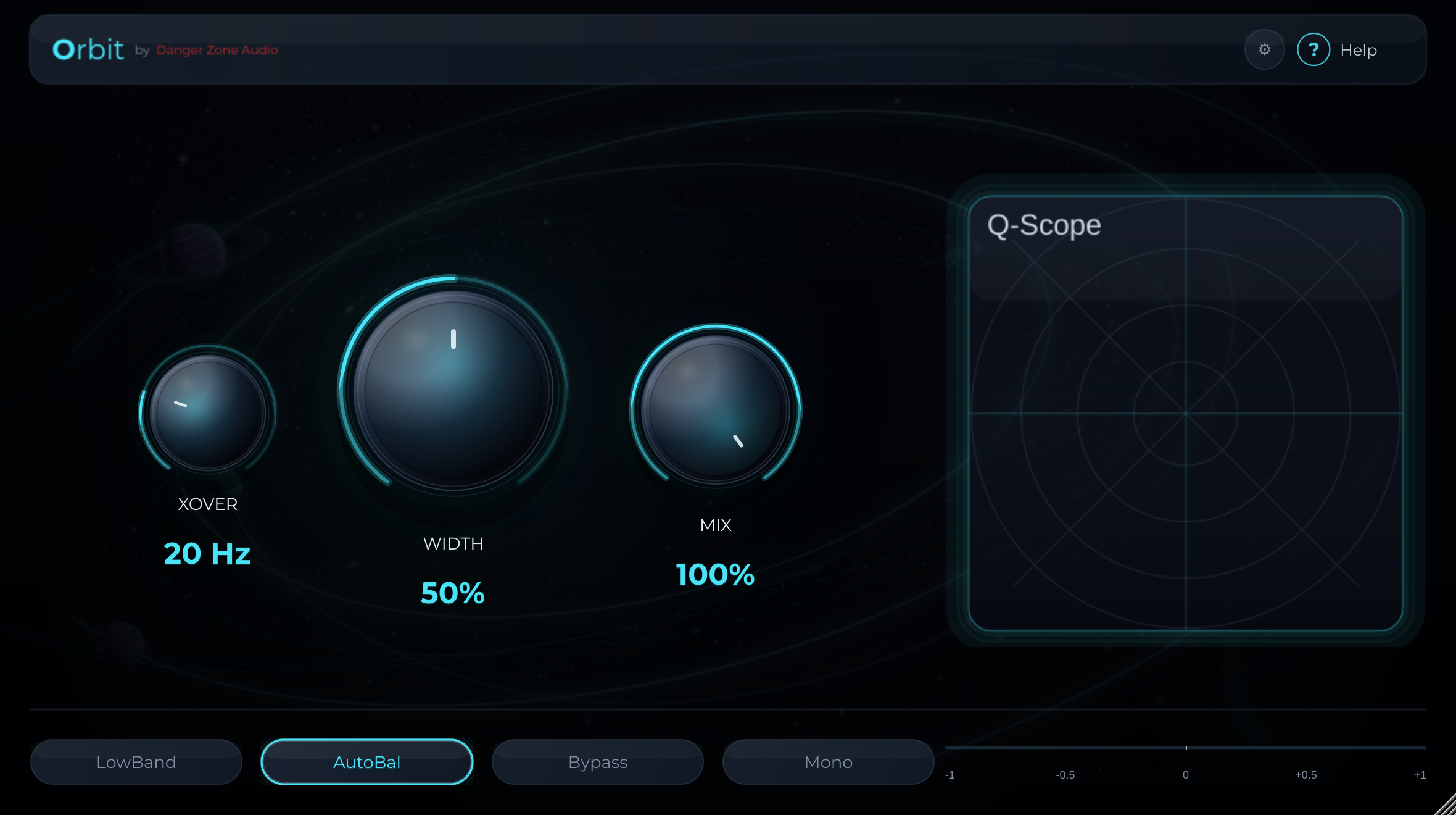 Orbit plugin interface showing stereo widening with Q-Scope vectorscope